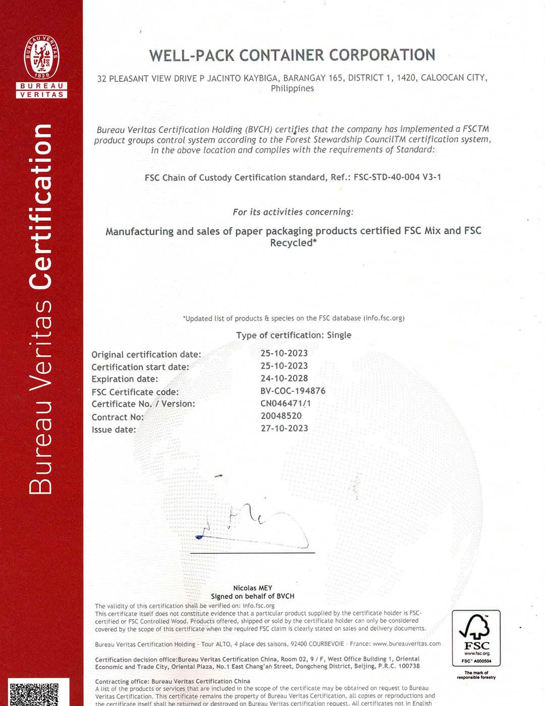 Well-Pack FSC Certificate