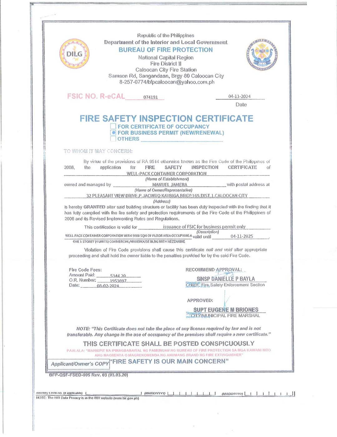 Well-Pack Fire Safety Certificate